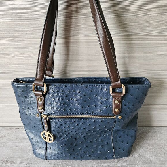 Giani Bernini Handbags - Giani Bernini Ostrich Embossed Shoulder Satchel Bag Purse Blue Faux Leather